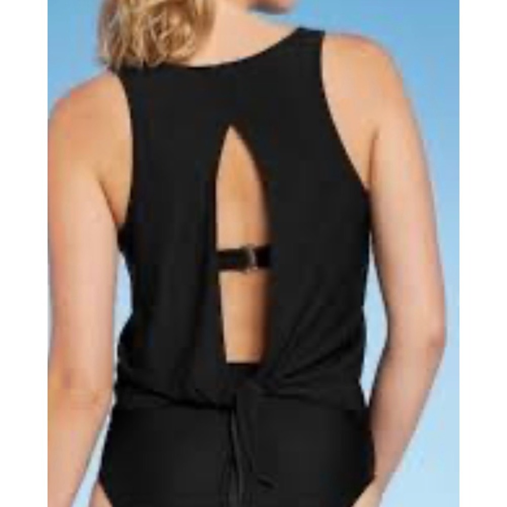 Kona Sol Womens Black Open Back Tie Hem Tankini Top Swimwear Size M